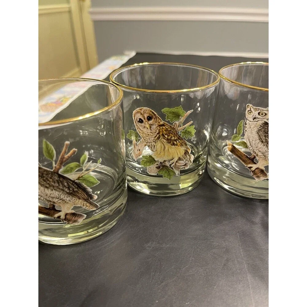 4pc MCM Owl on Branch Gold Rim Tumbler Old Fashion Glasses